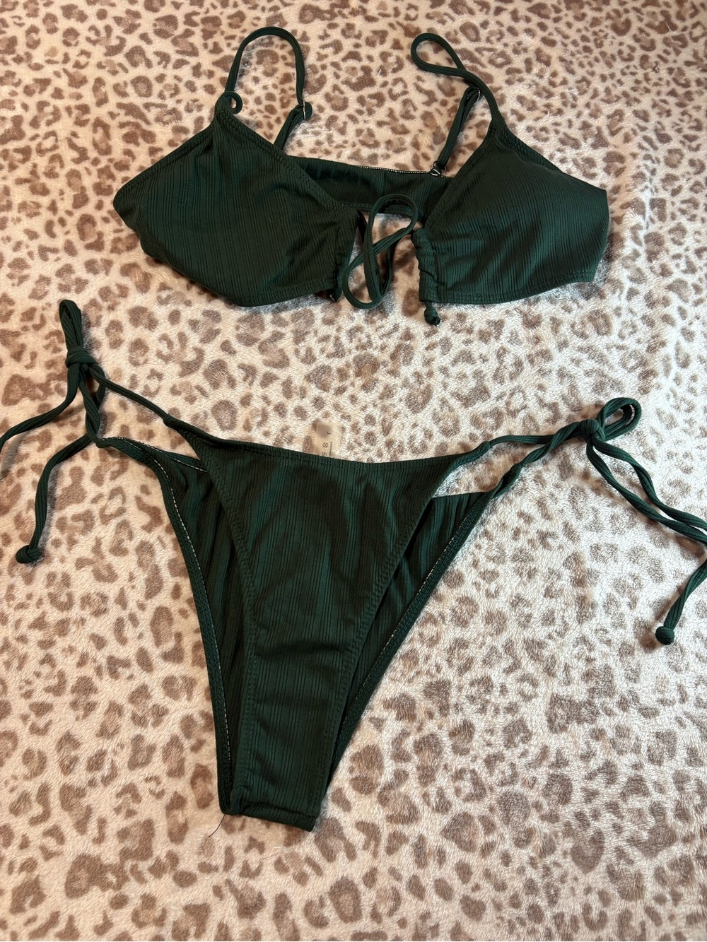 Women's Dark Green Ribbed Tie-Side Bikini Set